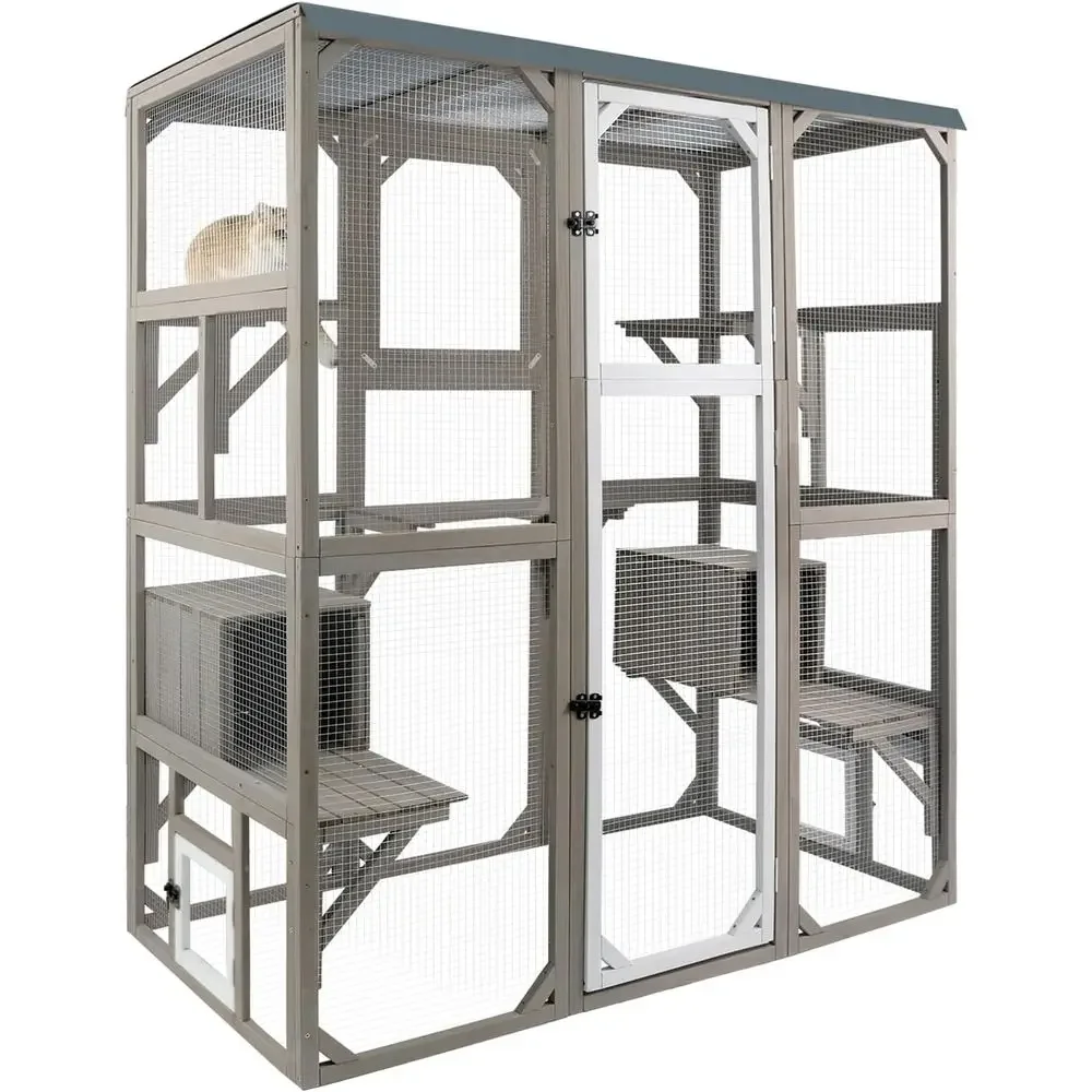

Outdoor Cat Catio Enclosures Large Wooden Cat House Patio or Indoor Cats eral Cat Shelter with 2 Espace Do, 2 Resting Rooms, 5 P