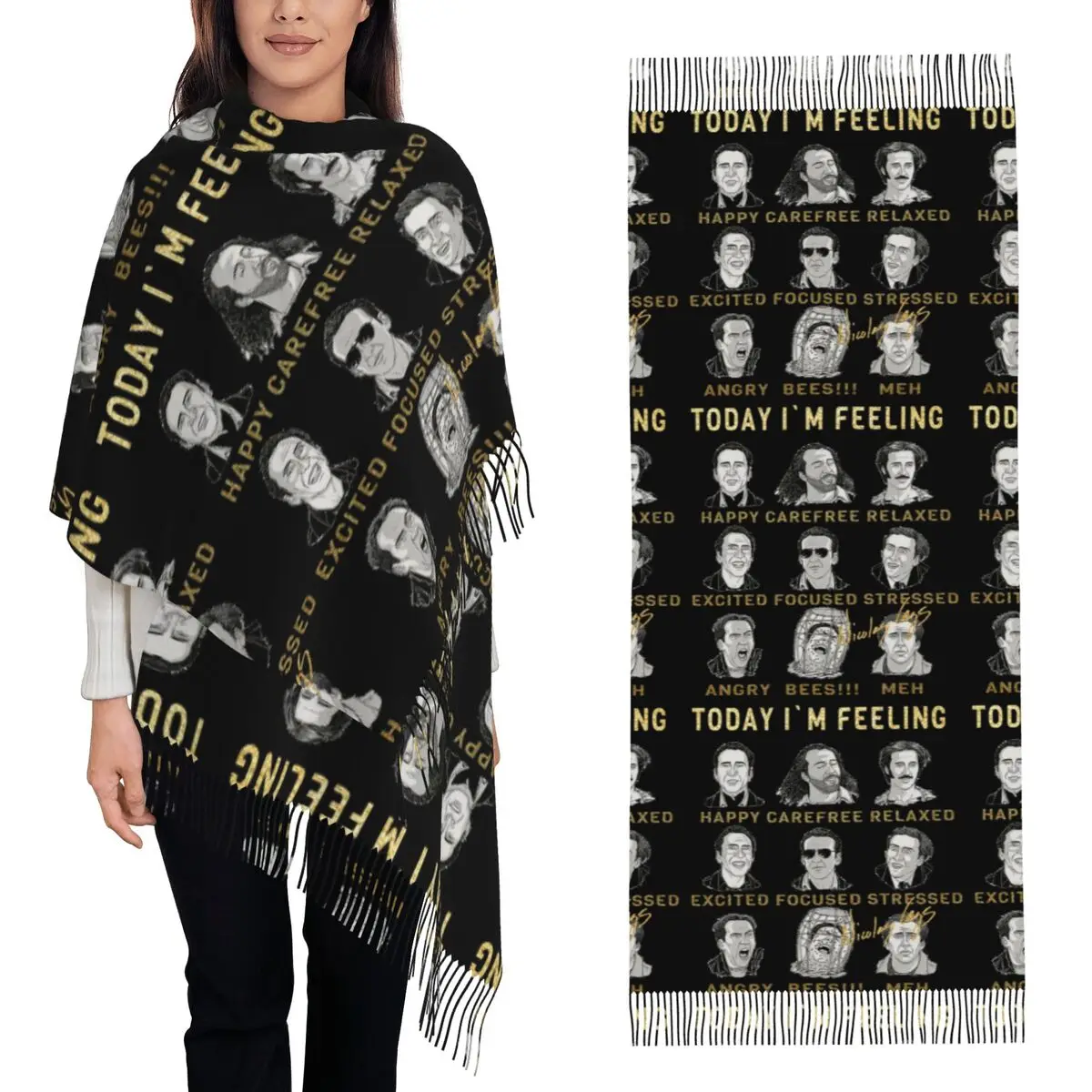 Merry Christmas St Nicolas Cage Scarf Tassel Scarves Women Soft Warm Shawls and Wraps Large Fall Winter Shawl Wrap
