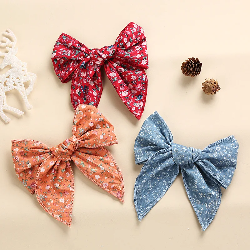 Big Bow Hair Clips for Girls Beautiful Cotton Floral Printing Overlocked Bowknot Pin Kids Accessories Summer Photo Props 5.9 in