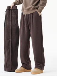 Pantalones de chándal gruesos y cálidos para hombre, pantalón de cintura elástica, pierna ancha, Pantalones rectos sueltos, pantalones térmicos para correr, moda coreana, Invierno