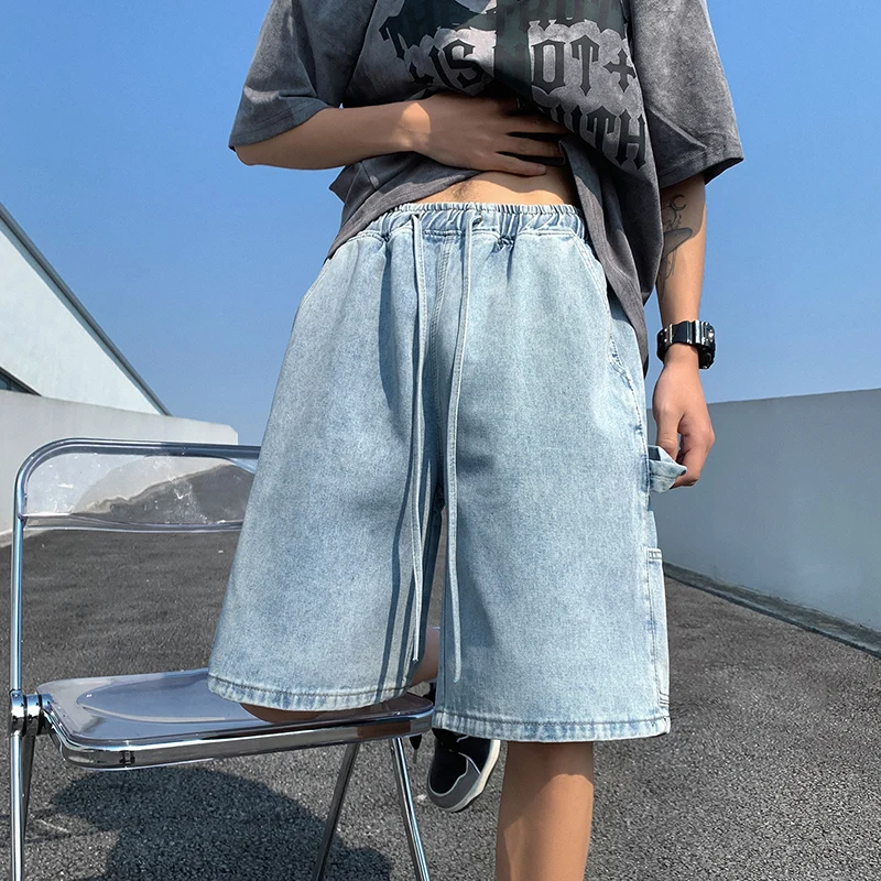 Korean Style Summer Men\'s Blue Baggy Denim Shorts 2023 New Street Apparel Workwear Large Pocket Wide Leg Denim Shorts Blue