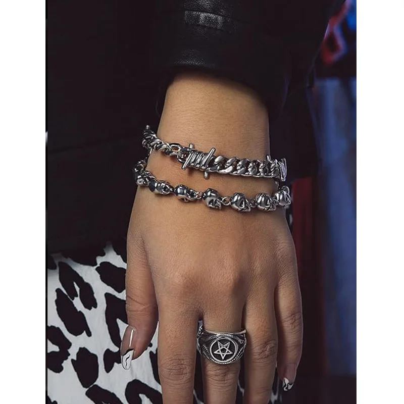 Barbed Wire Chain Bracelets for Men Women Stainless Steel Thorn Cuban Link Chains Bracelet Adjustable Punk Emo Style Jewelry