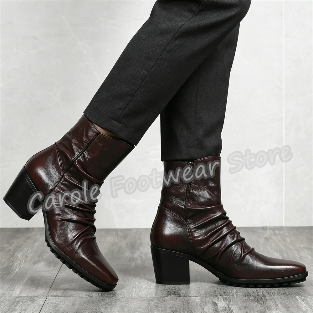Vintage Pleated Leather Ankle Boots for Men Ointed Toe Chunky Heel Side Zipper Chelsea Boots Male Business Party Dress Shoes