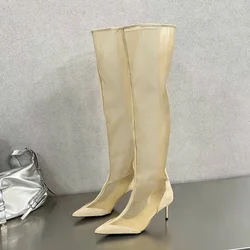 Eilyken 2026 New Design Mesh Pointed Toe Over The Knee Boot Sandals Fashion Women Zipper Thin Heels Shoes Zapatos De Mujer