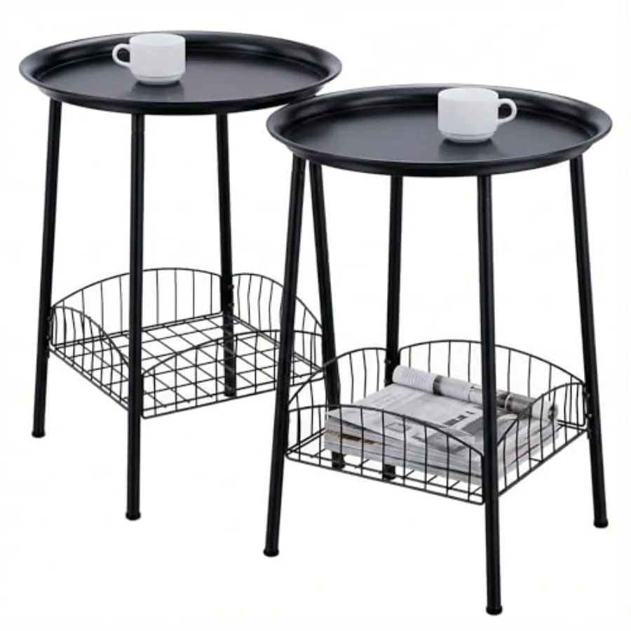 

2 PCS Small Outdoor Side Table, 2-Tier Round Metal Patio Table, Accent Table Waterproof, Weather Resistant End Table for Yard P