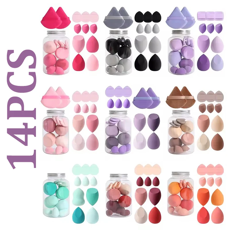 14個入りメイクアップスポンジセット 缶入り 高品質 ノンラテックス ソフト 液体BBクリーム パウダー塗布用 ドライ＆ウェット両用 パウダーパフ