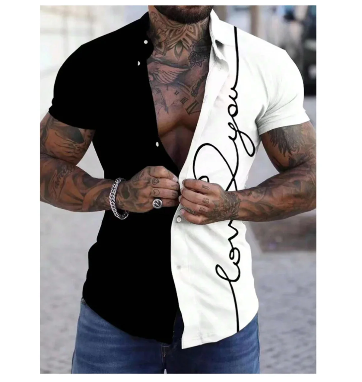 

New men's shirt splicing graffiti 3D printing lapel button up shirt summer fashion leisure vacation short sleeved men's clothing