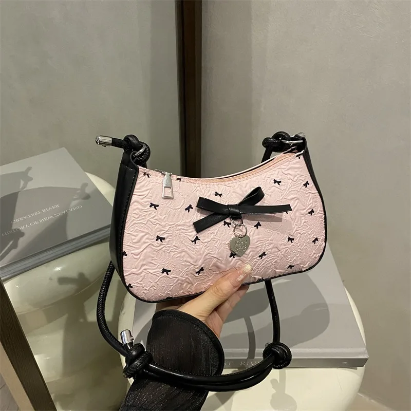 Y2k Pink Bow Armpit Bag for Women, New Fashionable and Versatile Texture Light Luxury Single Shoulder Small Square Bags