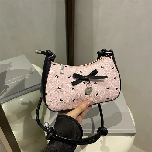 Imagen 2 del producto Bolso para axila con lazo rosa Y2k para mujer, nuevos bolsos cuadrados pequeños de un solo hombro con textura ligera y versátil a la moda