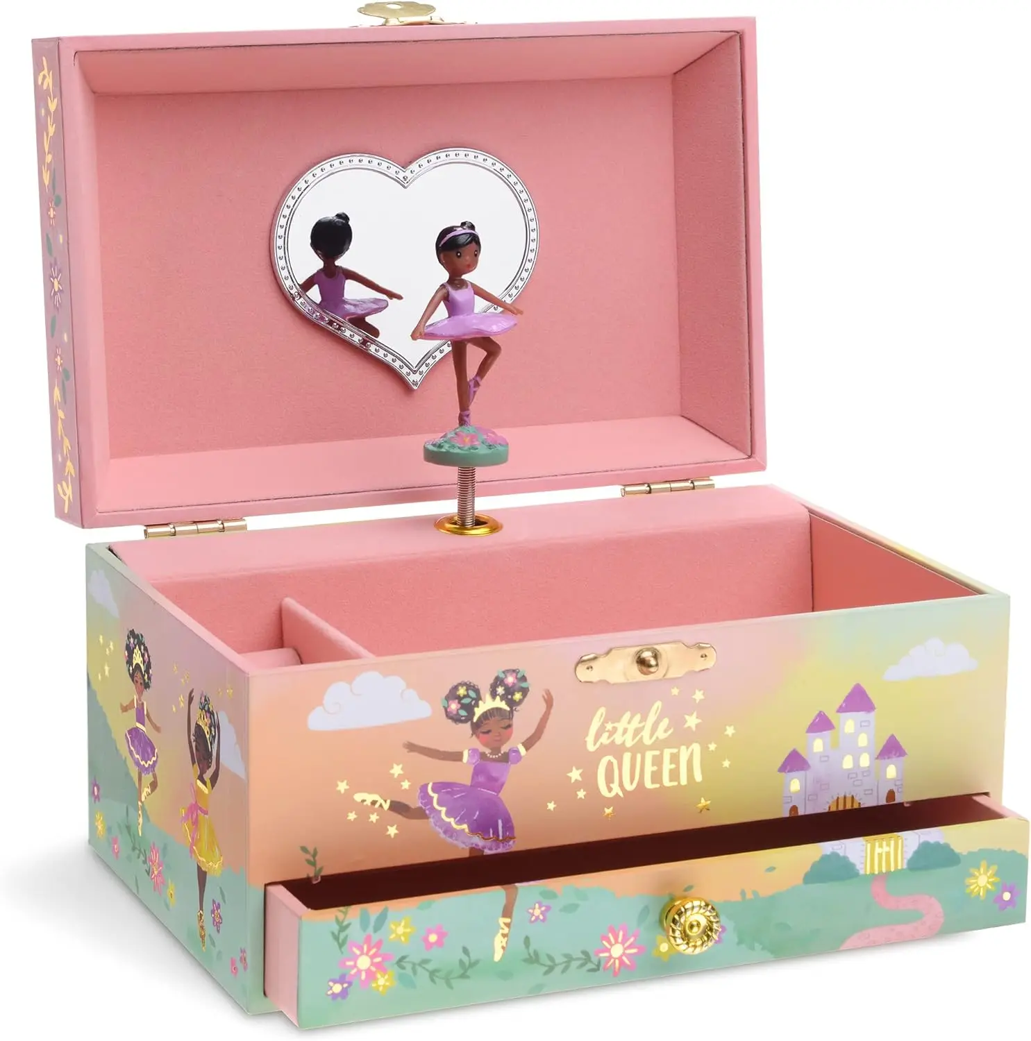 

Girl's Musical Jewelry Storage Box with Pullout Drawer and Black Ballerina, Little Queen Design, Swan Lake Tune