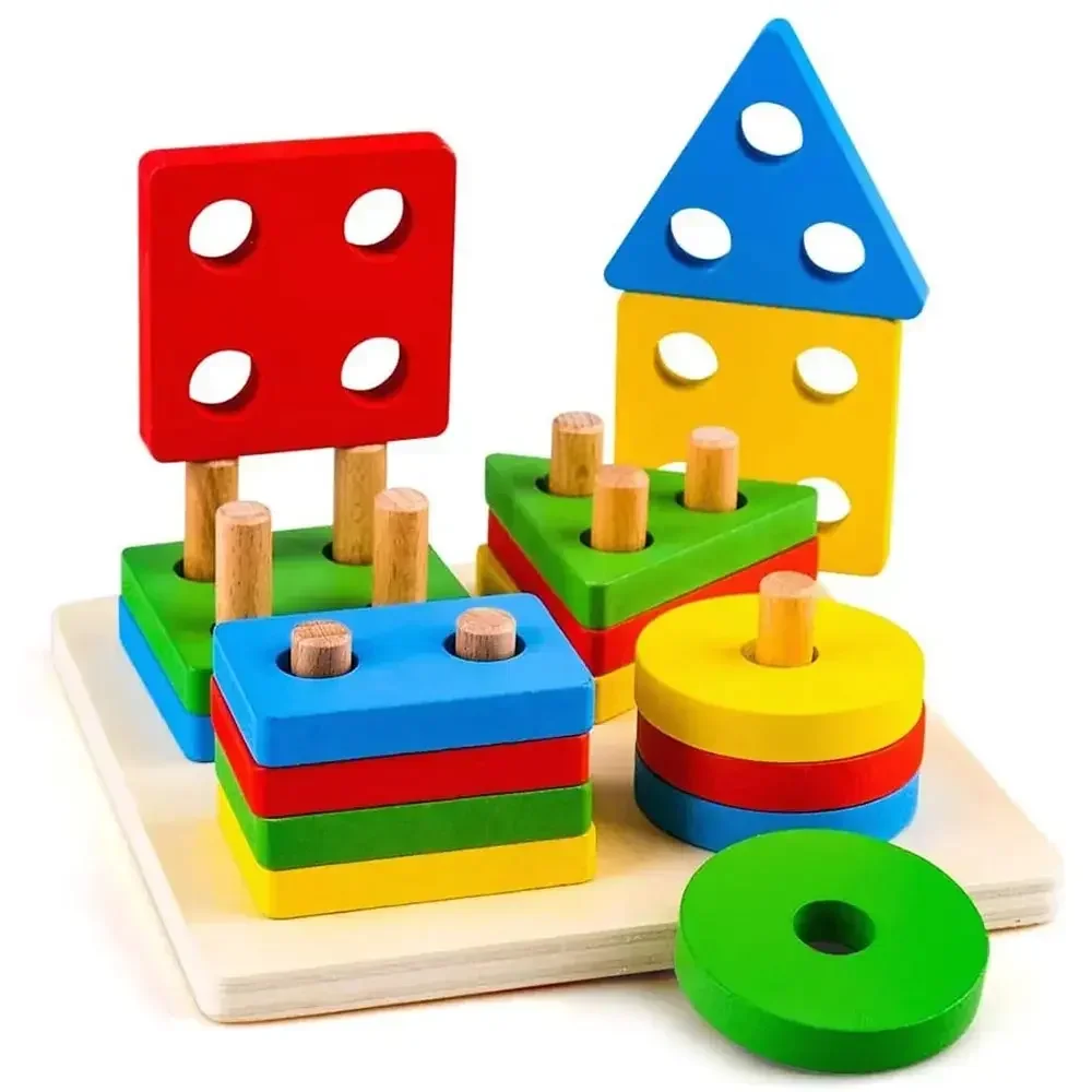 Hot Kids Montessori Wooden Toys Macaron Blocks Learning Toy Baby Music Rattles Graphic Colorful Wooden Blocks Educational Toy