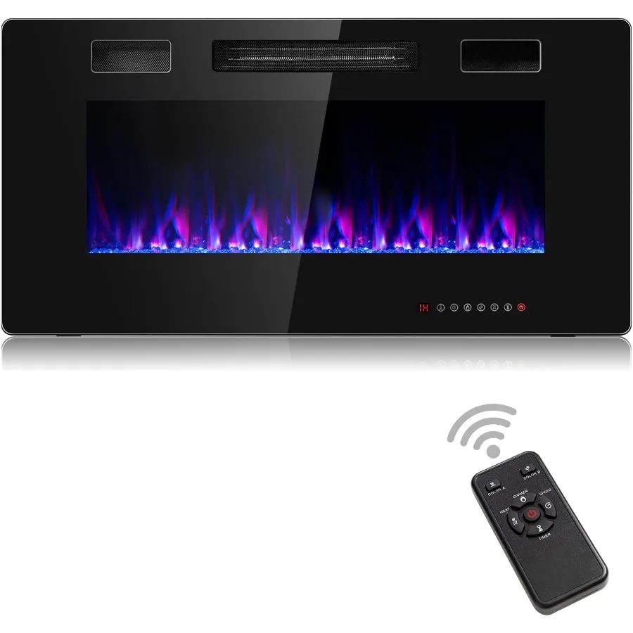 

36Inch Electric Fireplace 750W 1500W Wall Recessed and Mounted Fireplace Insert with Remote Control 12 Flame Colors 5 Brightnes
