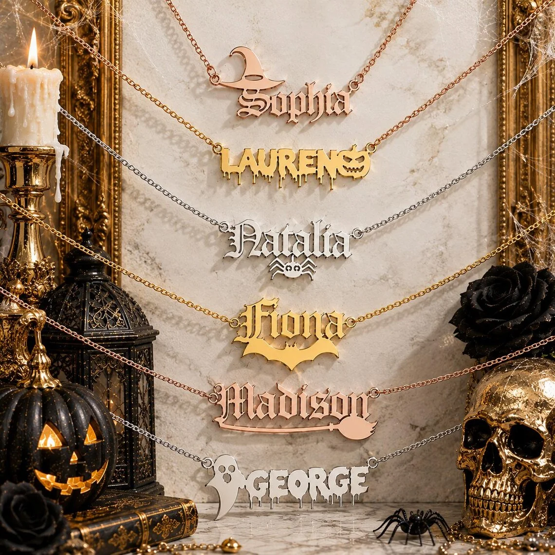 Custom Name Necklace Stainless Steel O Chain Personalized Nameplate Gothic Bat Necklace Halloween Gift for Women Custom Jewelry