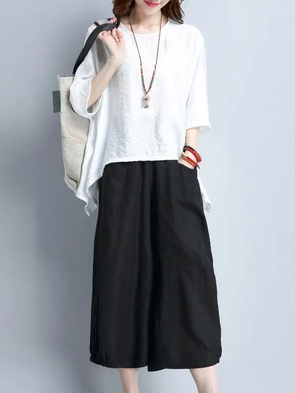 

Women's Summer Faion Linen Two-Piece Set Chic Workwear Student orm Tee-Piece Set for Middle-Aged Women