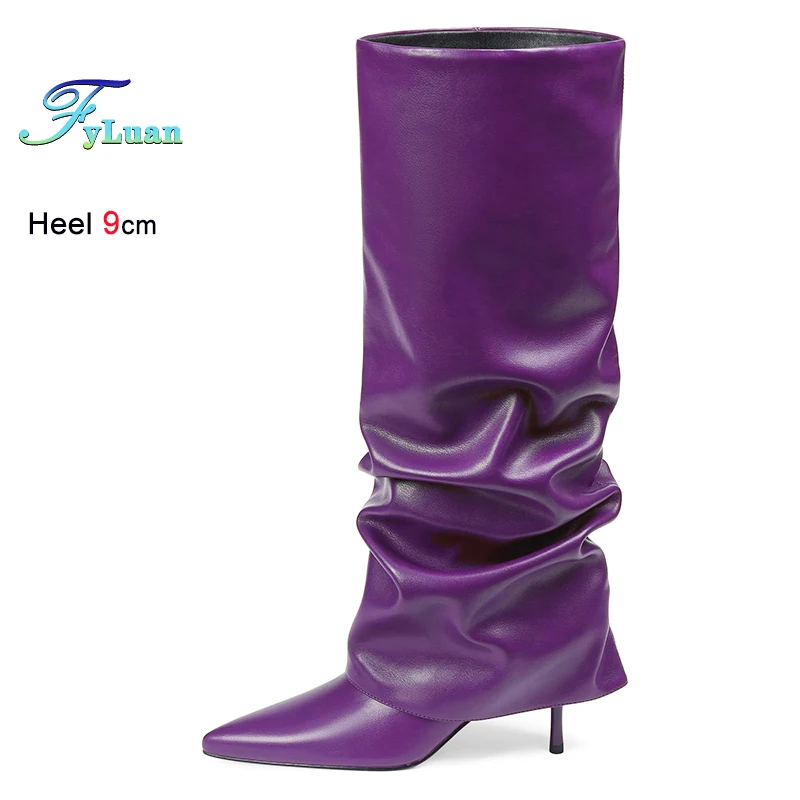 

Europe and America New Pleated Boots 9CM Thin Heels Street Style Women Long Shoes Purple Pointy Trousers Legs High Boots Female