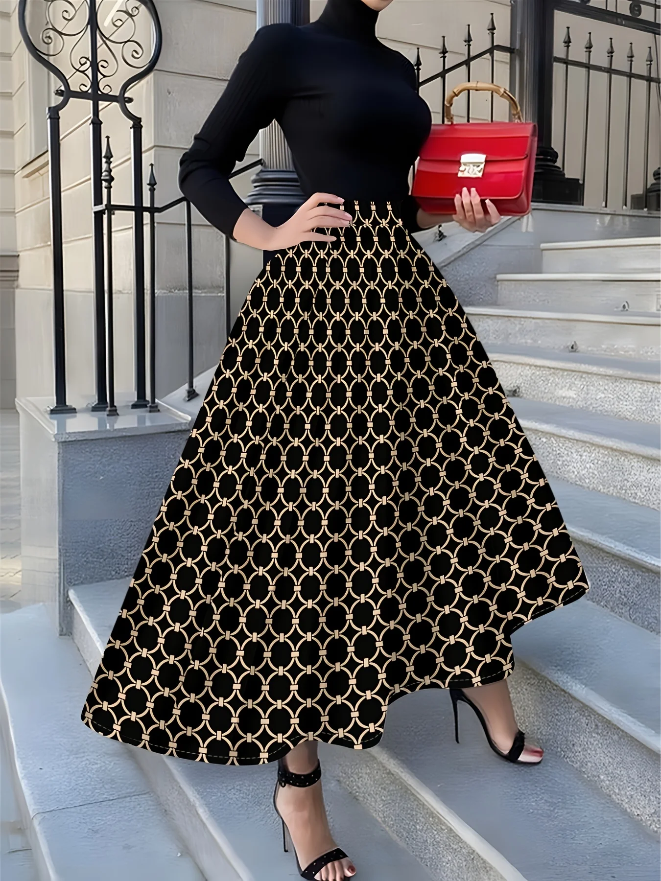 

Black Gold Geometric Print Midi Skirt for Women Elegant Fashion A Line High Waist Bodycon Summer Office Party Skirt