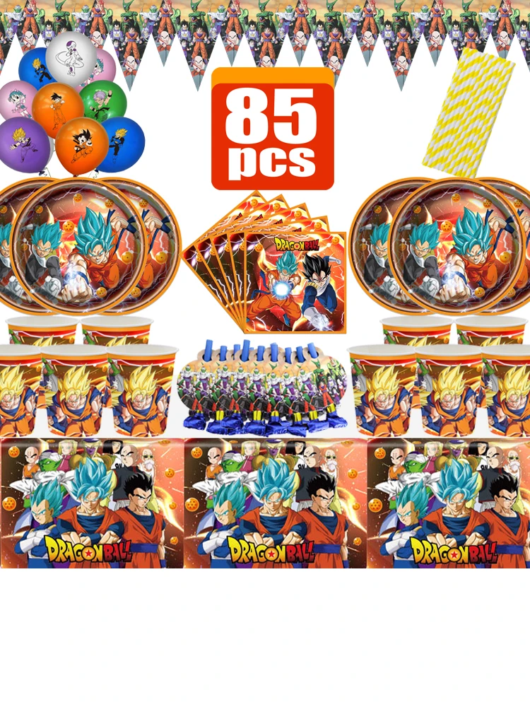 85 pièces Dragon Ball fournitures de fête d'anniversaire vaisselle ballons en Latex fabricants de bruit assiette serviette Streamer fournitures de réception-cadeau pour bébé cadeaux