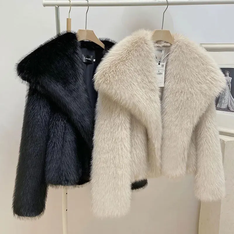 Women Fluffy Jacket Winter Clothes Short Faux-Fox Fur Coats Korea Lapel Casual Black Outwear Female Thick Warm Plush Overcoat