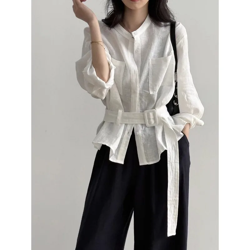 

Temperament Long-sleeved Shirt Jacket for Women 2025 Summer New Fashionable and Elegant Solid Versatile Lace-up Waist Cardigan