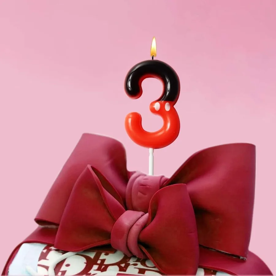 เทียนวันเกิดตัวเลขสีดำแดง จุดสีขาว ตกแต่งเค้กคัพเค้ก สำหรับเด็กชายเด็กหญิง งานเลี้ยงวันเกิดธีมการ์ตูนแสนสนุก