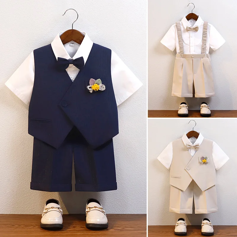 2024 Baby Boys Handsome Sets Short Sleeves Kids Shirt Solid Children Vest Fashion Shorts with Bow Tie Boutique Infant Boy Outfit