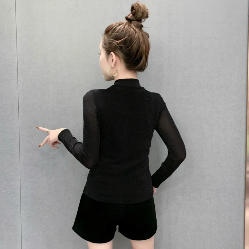 #7961 Spring Autumn Black False Two Piece T Shirt Women Turtleneck Sexy Spliced Mesh Long Sleeve Women's T Shirt Femme Diamonds