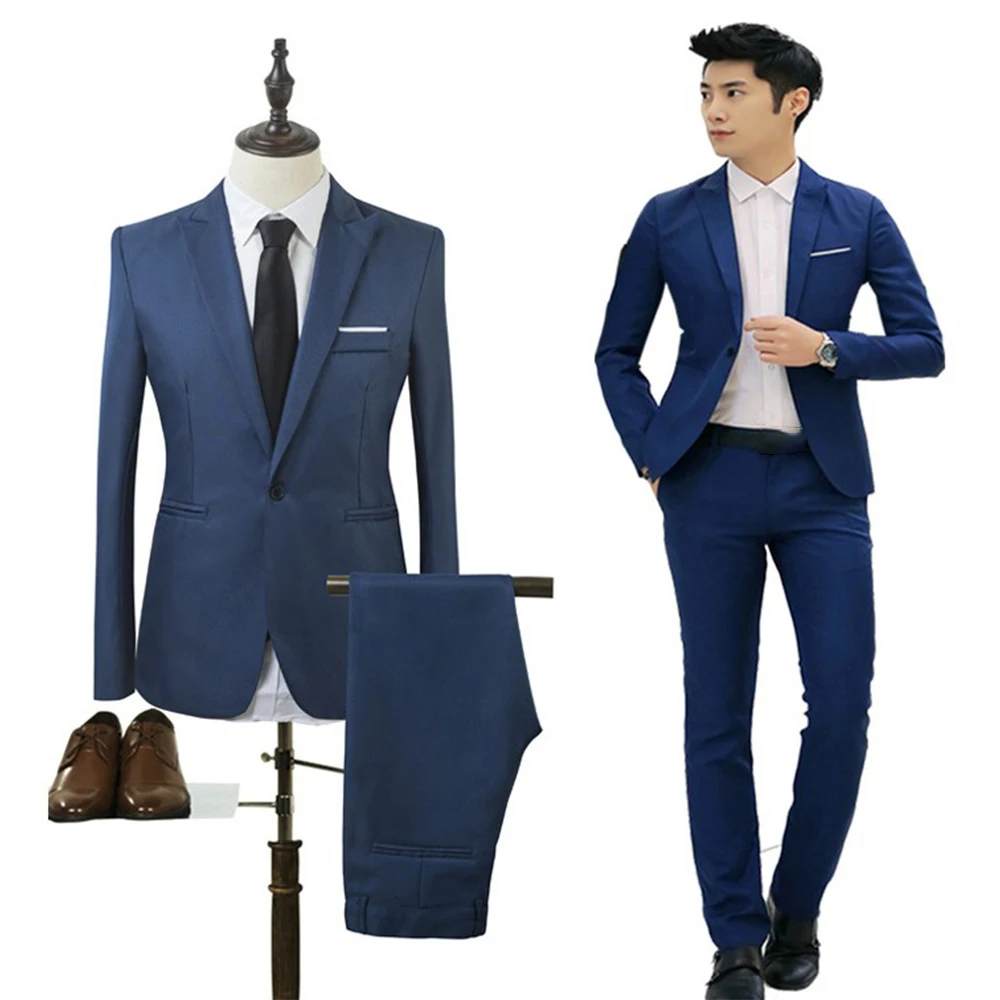 Blazer+Pants 2Pcs/set Men\'s Formal Blazer Jackets Coat Pants Tuxedos Wedding Slim Business Dress Suit Clothing For Man