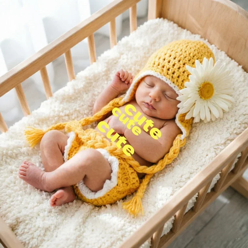 Yellow Handwoven Knitted Suit Flower Ornament Hat Tassel Design Posing Attire For Studio Portrait Photography Shooting Accessory