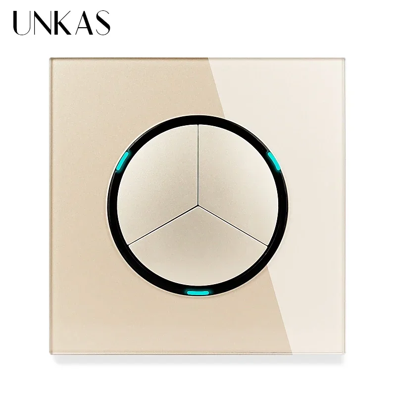 UNKAS Grey 1 2 3 4 Gang 1 / 2 Way Random Click on / Off Pass Through Wall Light Switch LED Indicator Gray Crystal Glass Panel image 3
