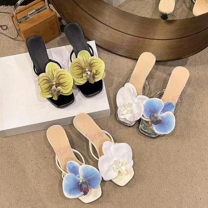 Zapatillas decorativas de flores negras Para mujer, Zapatos de punta cuadrada, tacones altos de aguja, elegantes, verano, 2024