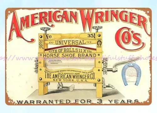 1900s American Wringer Co Horse Shoe Brand cloth wringer metal tin sign interior