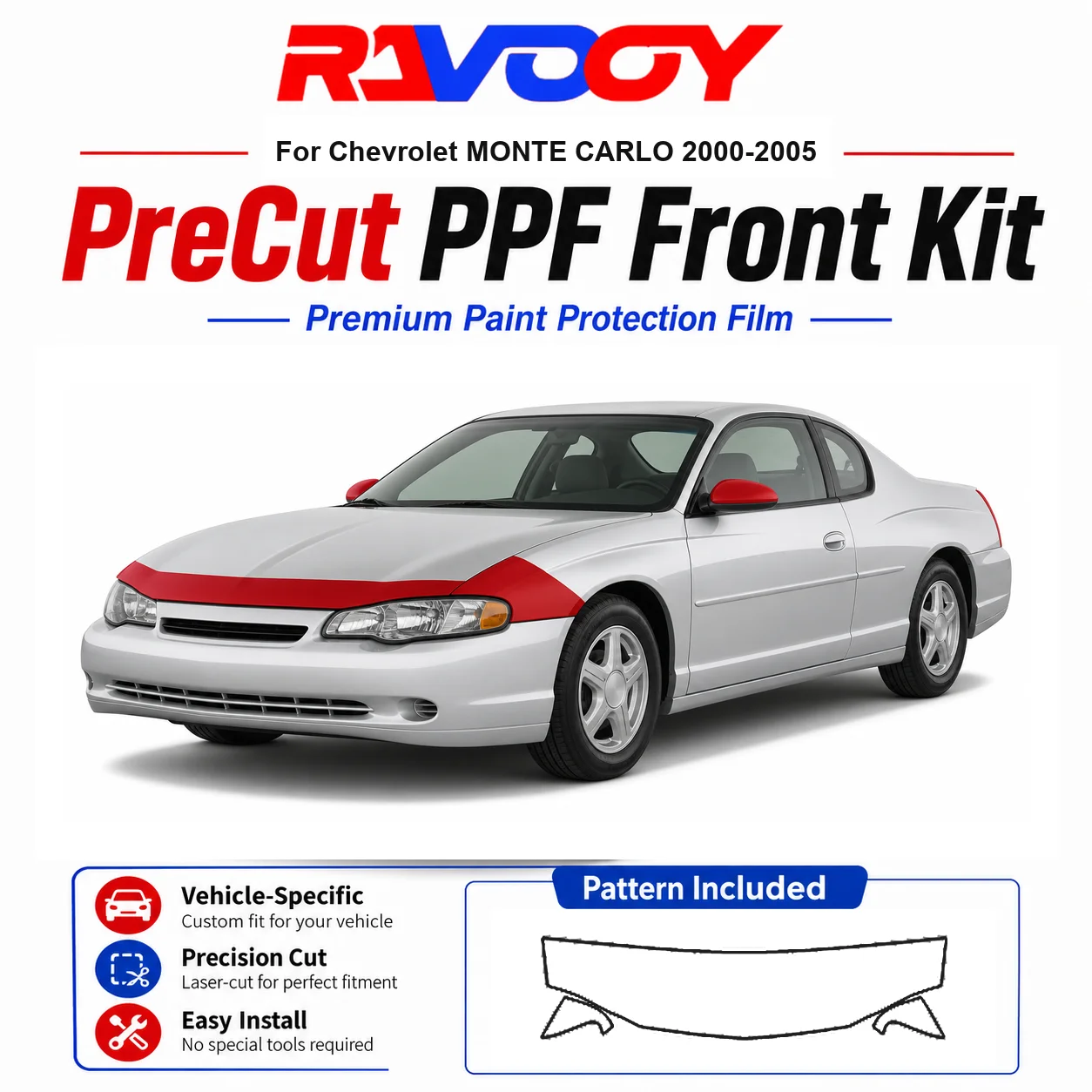 

8.5mil TPU Precut PPF Kit For Chevrolet MONTE CARLO 2000-2005 - Hood, Fenders & Mirror Set - Self-Healing Clear Bra Film