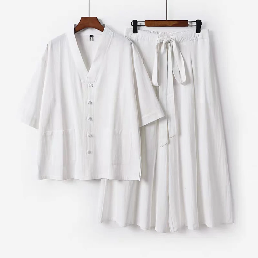 

Мужской комплект из хлопка и льна: кимоно и брюки с широкими штанинами в японском стиле, 2 предмета, летний повседневный домашний костюм