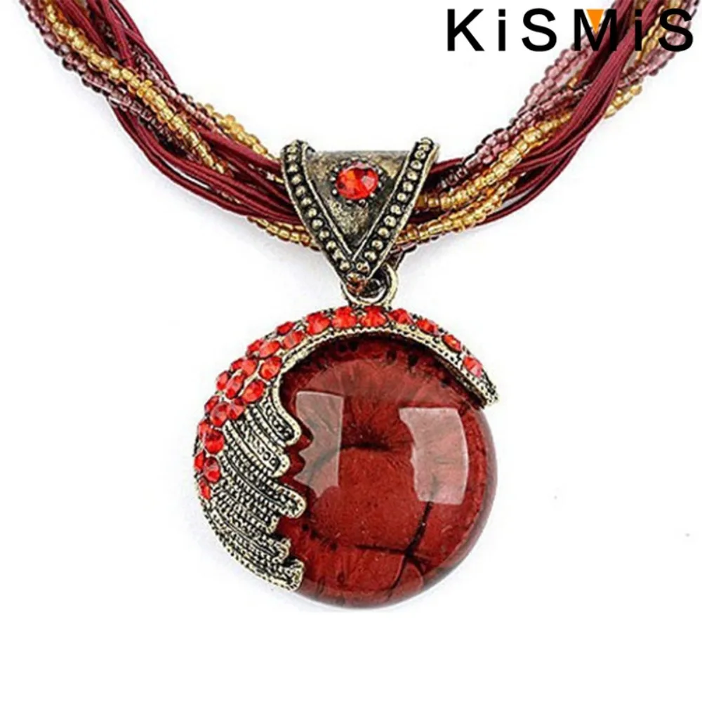 KISMIS 1PC Women's Vintage Bohemian Vintage Rhinestone Beaded Chain Pendant Necklace