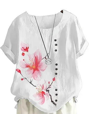 

Senior Women's Blue Flower Print Cotton and Linen Top Casual Loose Summer Short Sleeve Tunic Shirt