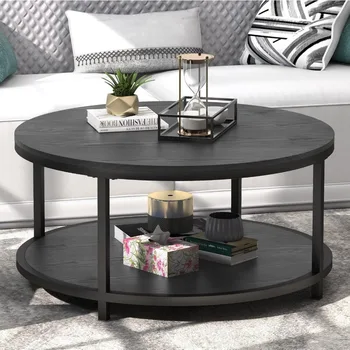 Image Rustic Industrial 35.8" Round Coffee Table with Storage Shelf and Sturdy Metal Legs, Easy Assembly