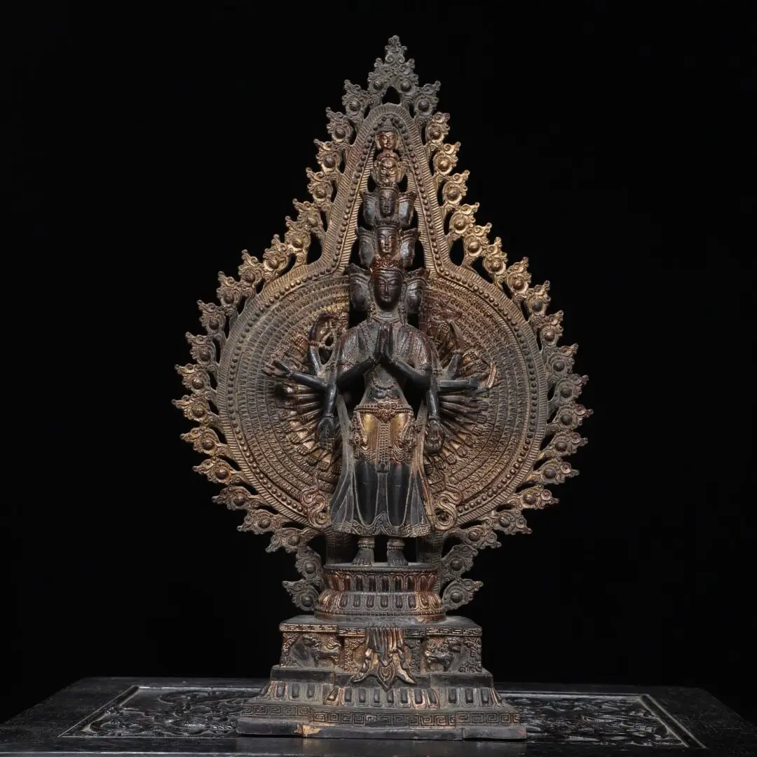 Pure Copper Carved Vintage Thousand Arm Thousand Eye Guan Yin Statue Home Decor