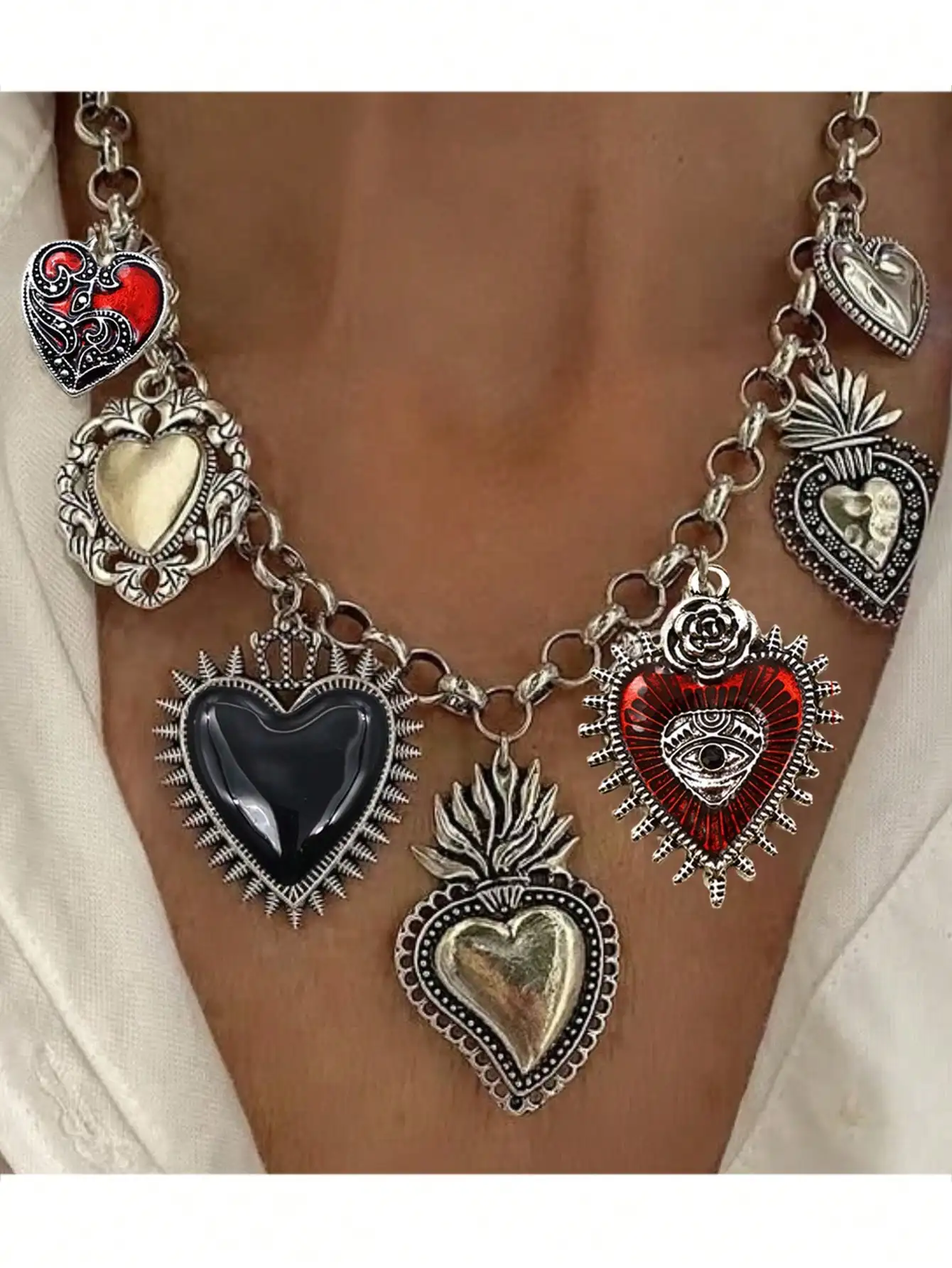 CUIER 1PC Gothic Chunky Chain Charms Flaming Heart Statement Necklace Evil Eyes Pendant Anti-silver Red Black Halloween Jewelry