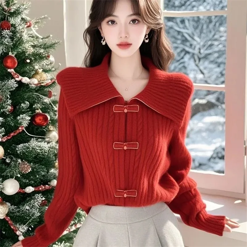 

New Red Lapel Sweater Women Autumn and Winter Guofeng Advanced Knitted Sweater Top Woman Loose All-match Knitted Cardigan Lady