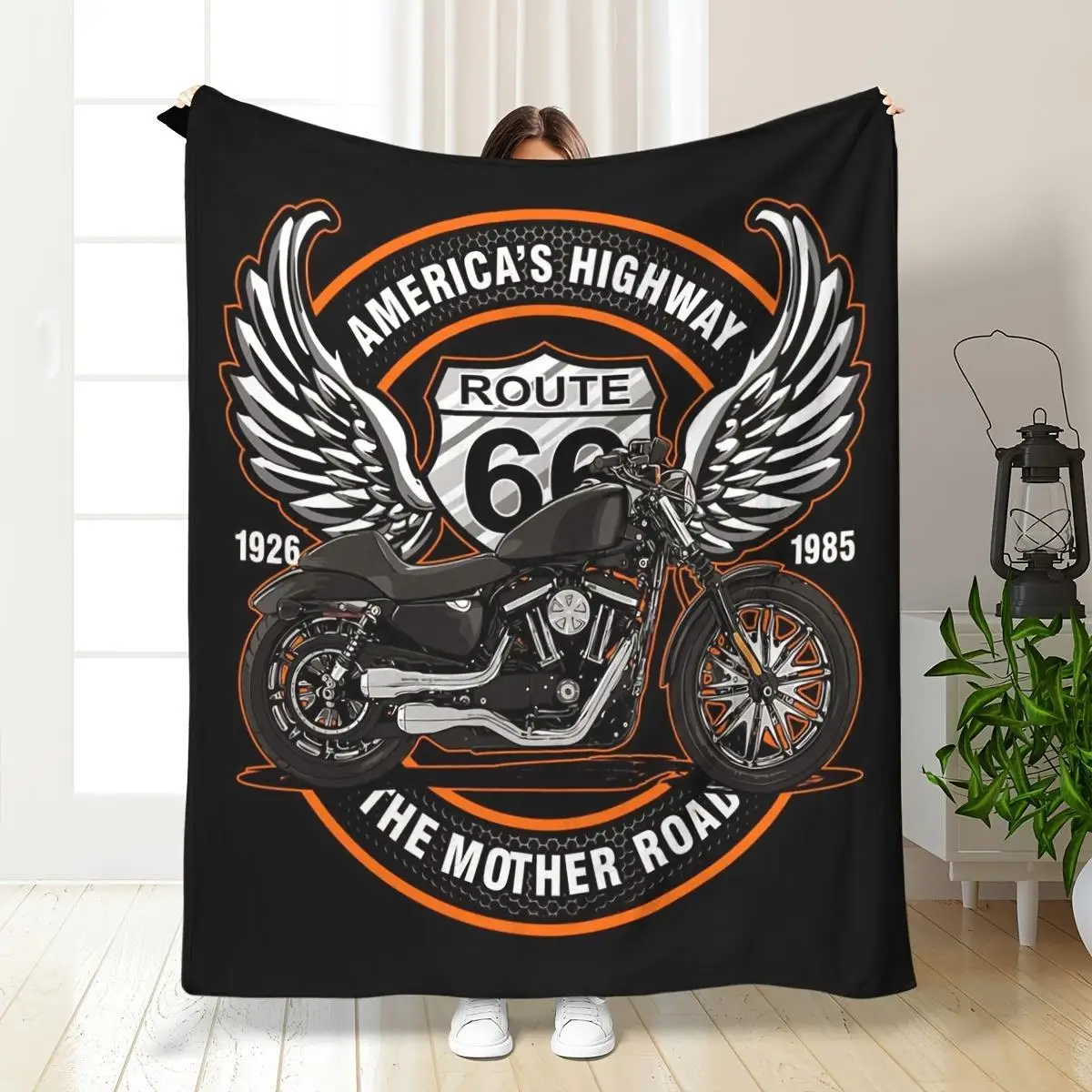 Retro 66 Highway Motorcycle Pattern Blanket Soft Low-allergen Flannel Suitable for sofas, beds travel and offices all year round