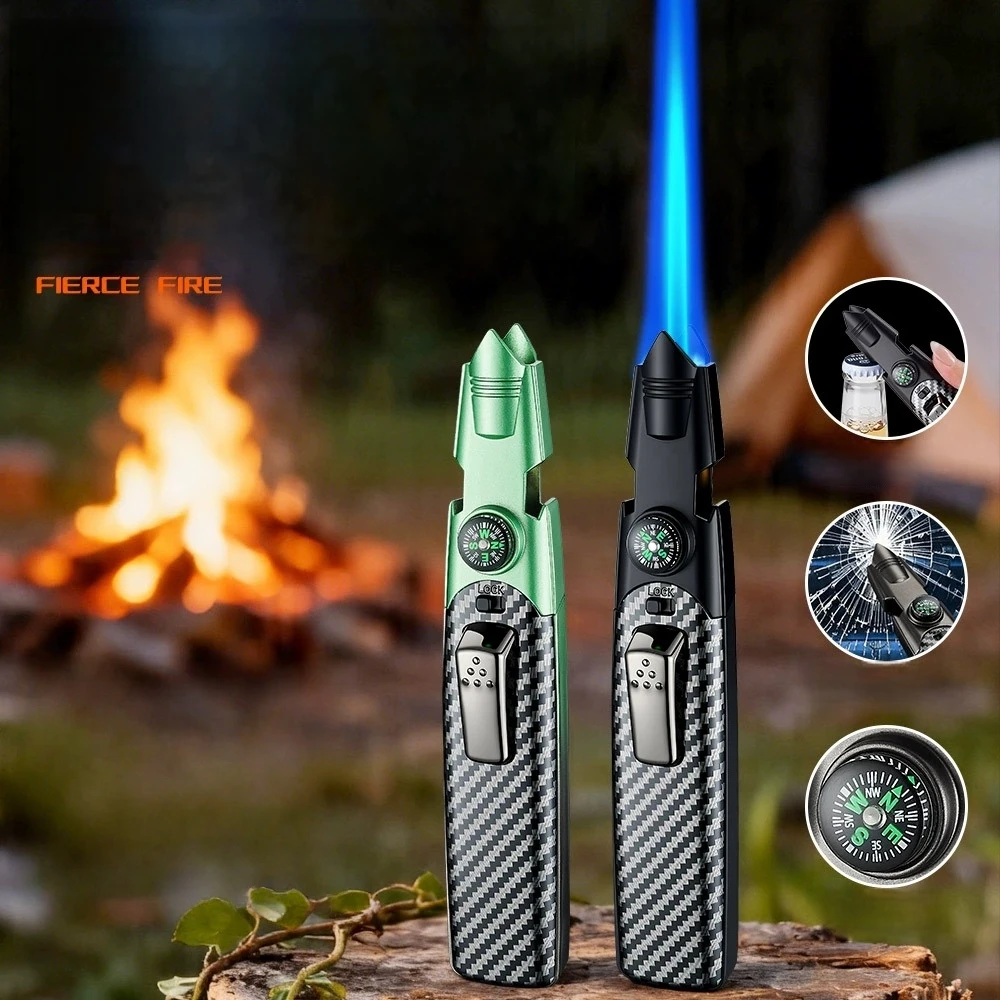New multifunctional metal spray gun lighter outdoor windproof straight forward blue flame inflatable flame gun, baking barbecue