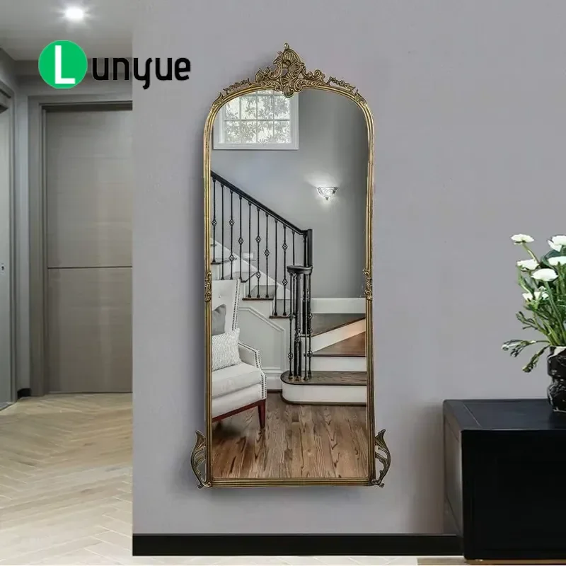 Full Body Heart Shaped Antique Gold Metal Wall Mirror Arched Full Width Decorative with Bird Flower Pattern for Home Living