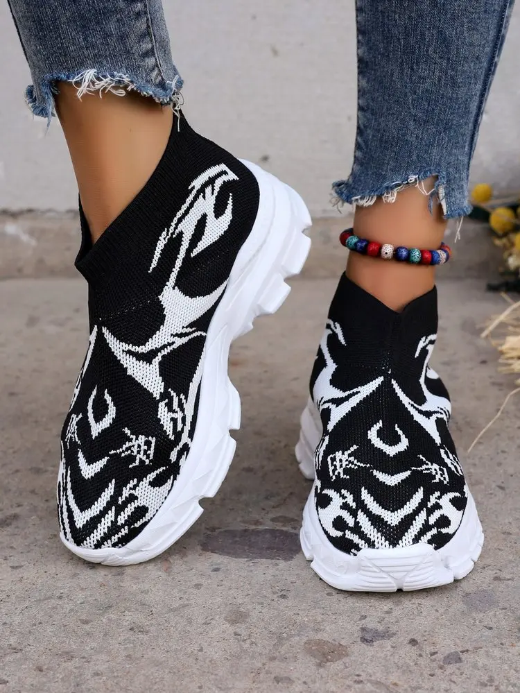 High Top Breathable Knitted Sneakers Women 2023 Spring Slip on Casual Shoes Woman Plus Size  Thick Bottom Sock Shoes New