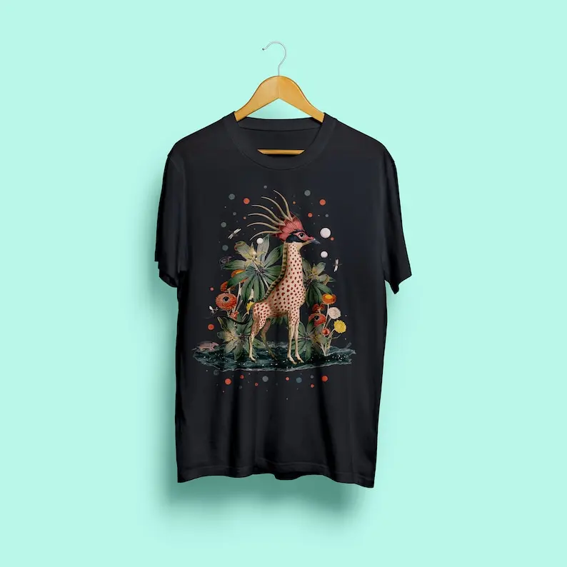 

Unisex t-shirt with exclusive,original,weird, surreal, psychedelic, colorful design,, flowers and animals like the giraffe.