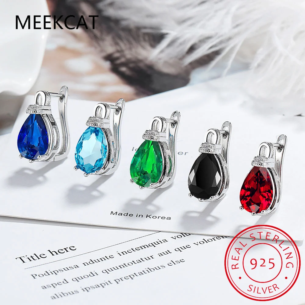 Pear Cut Genuine Garnet Ruby 925 Sterling Silver Water Drop Hoop Earring for Women Fashion Red Gemstone Statement Jewelry