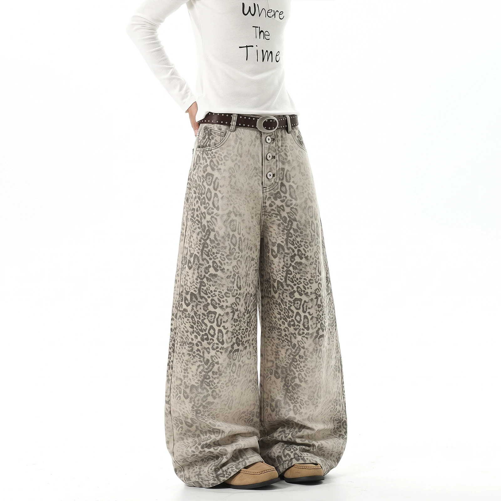 American Trend Breasted Design Leopard Print Jeans Men's and Women's Autumn  Winter New Washed and Old Straight Casual Trousers