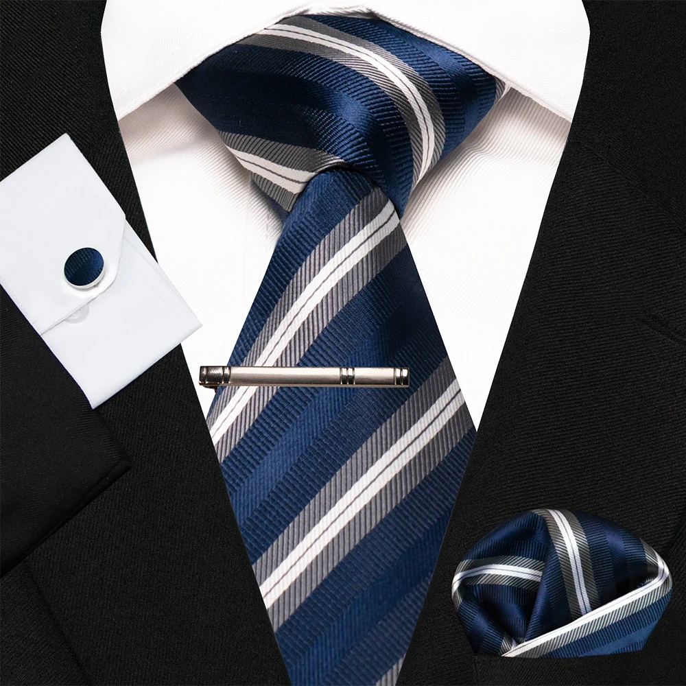 KAMBERFT Marineblau Gestreifte Seidenkrawatte für Herren, Modisches Design, Geschenkset mit Taschentuch und Manschettenknöpfen, Business-Party-Gravata – Detail 15