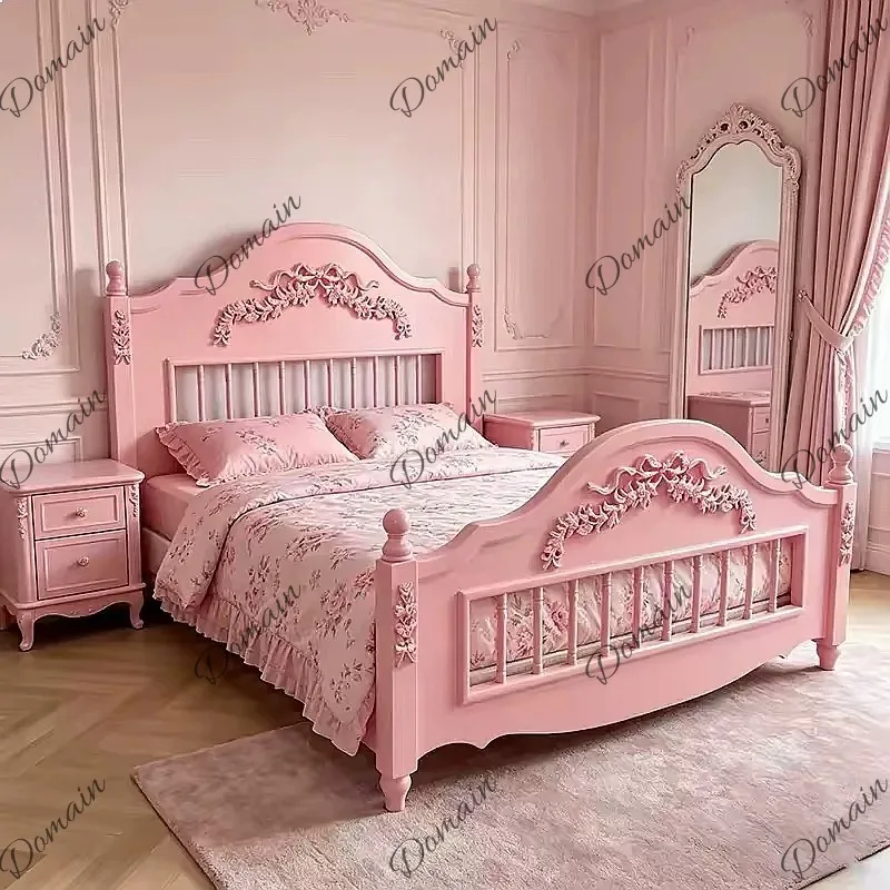 American French Style Solid Wood Pink Kids Bed 1.5m 1.8m Modern Simple Double Bed Girl