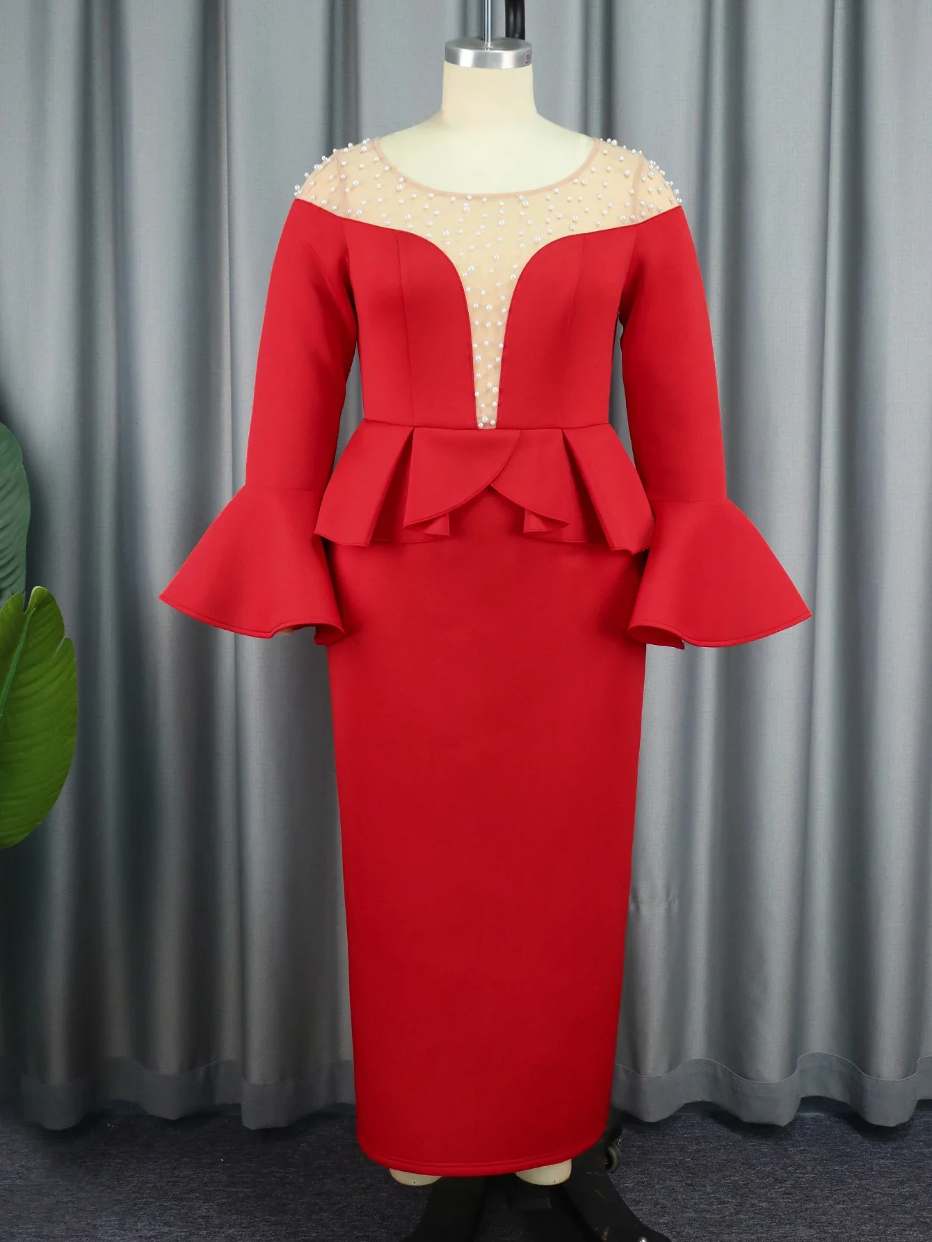 Women Red Peplum Party Dress See Through Mesh Sexy Beading O Neck Long Flare Sleeve Bodycon Robes Birthday Wedding Event Gowns