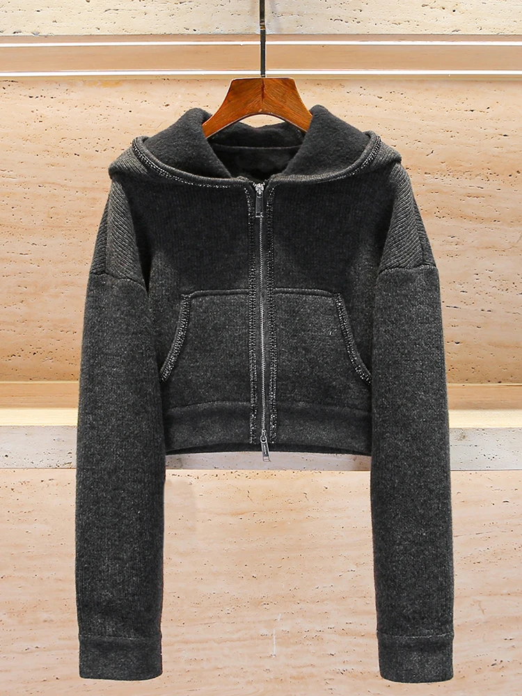 

SP Home South Oil High End Women's Spring 2025 Early Spring College Sle Diamond Embellied Hooded Knitted Sweatirt Jaet